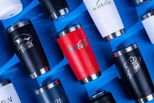 Custom YETI: Engrave your logo on top drinkware styles. Company merchandise, custom branding, fast turn times.